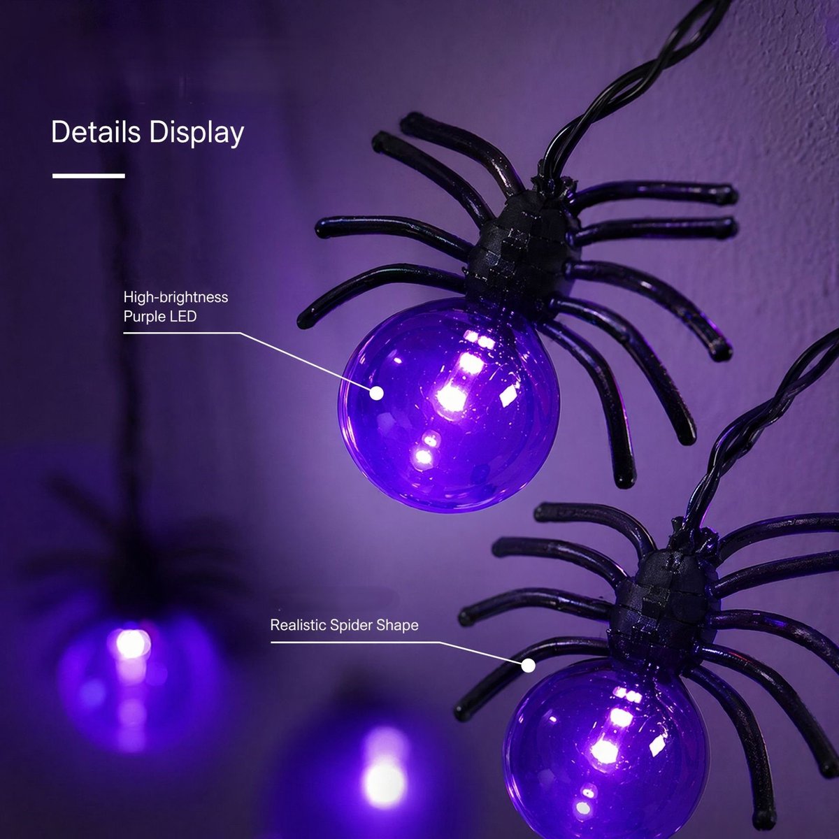 Namajunas - Halloween spinnen lichtsnoer - 10 meter met 100 lampjes - Energiezuinig - Veilig en duurzaam materiaal - Feest- en feestdag decoratie voor een sfeervolle ambiance - Geschikt voor binnen en buiten — cadeau in Wonen & Interieur - foto 3