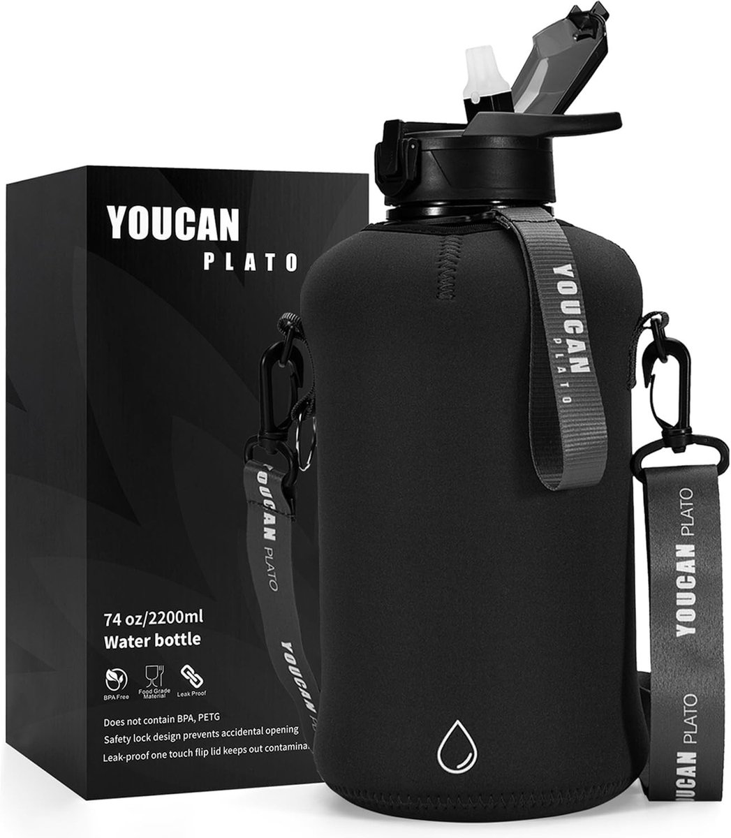 Waterjug - Transparant - 2 liter - BPA-vrije waterfles met rietje en opberghoes - Voor sport en fitness
