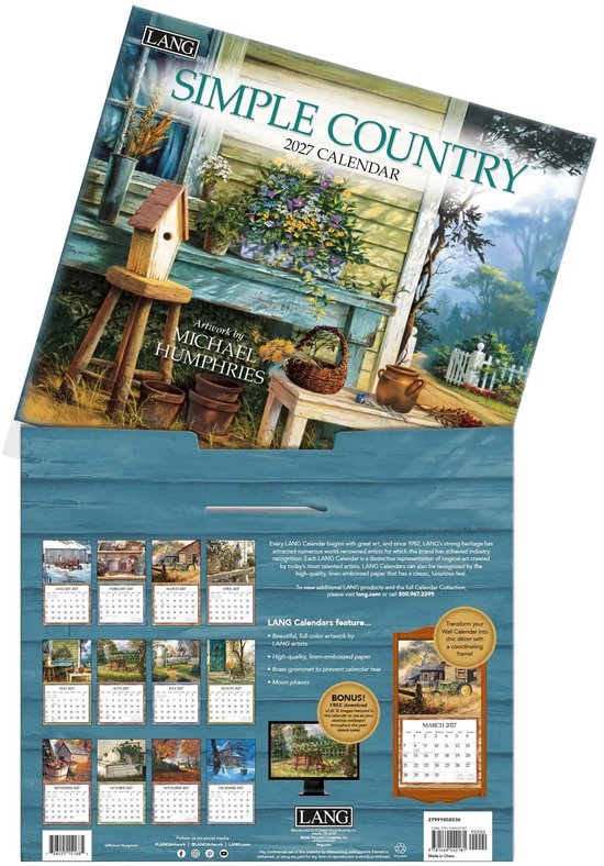 Omslag van de "Simple Country 2027 Calendar" met een schilderij van een vogelhuisje en bloemen, en achterkant met kalenderbladen en productdetails.
