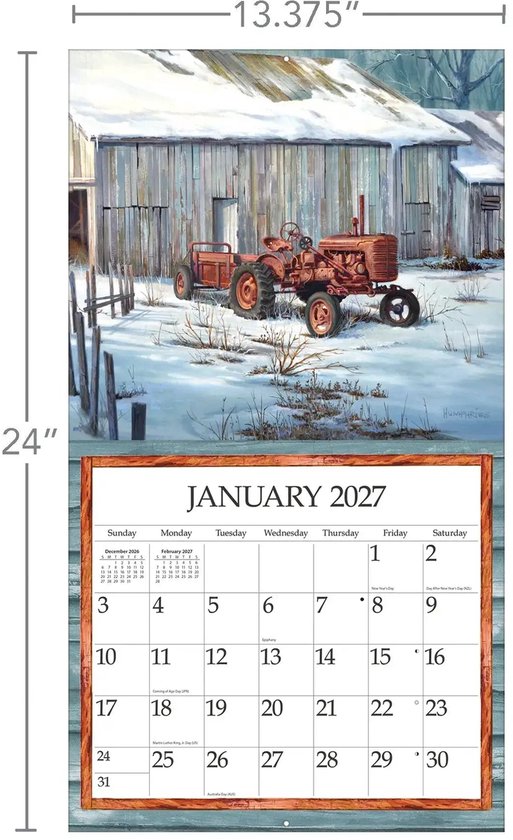 Een kalenderpagina voor januari 2027 met een schilderij van een roestige rode tractor in de sneeuw voor een houten schuur. Afmetingen 24" x 13.375".