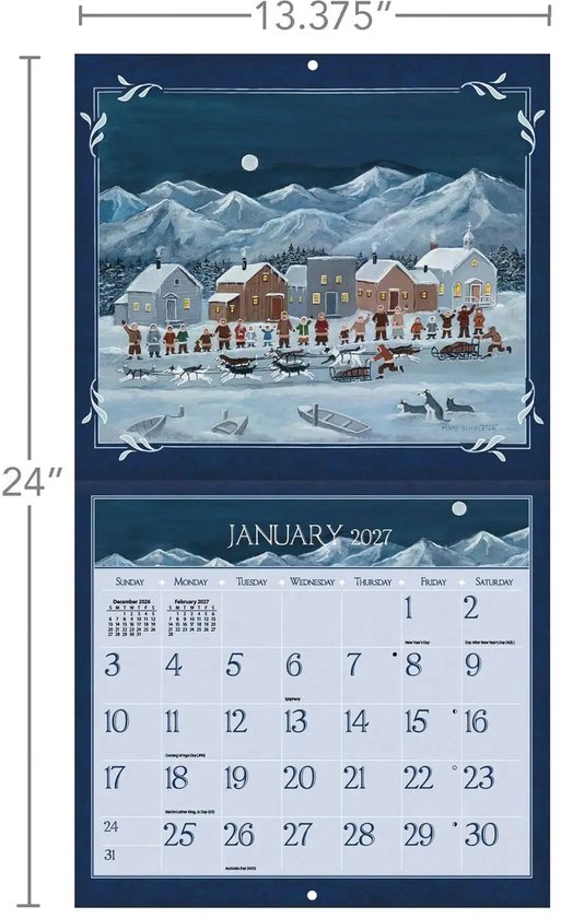 Januari 2027 kalender met schilderij van besneeuwd dorp met mensen en honden in de sneeuw.