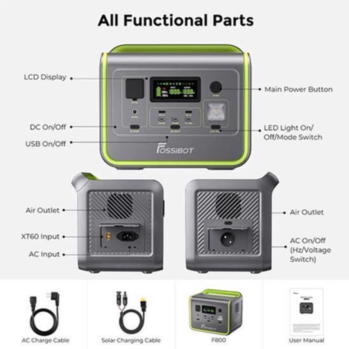 Draagbaar Energiestation - 512Wh/140400mAh Lithium-Batterij Zonnegenerator - 800W AC-Uitgang - 200W Maximale Zonne-Energie-Input - 8 Stopcontacten - LED-Verlichting - Groente