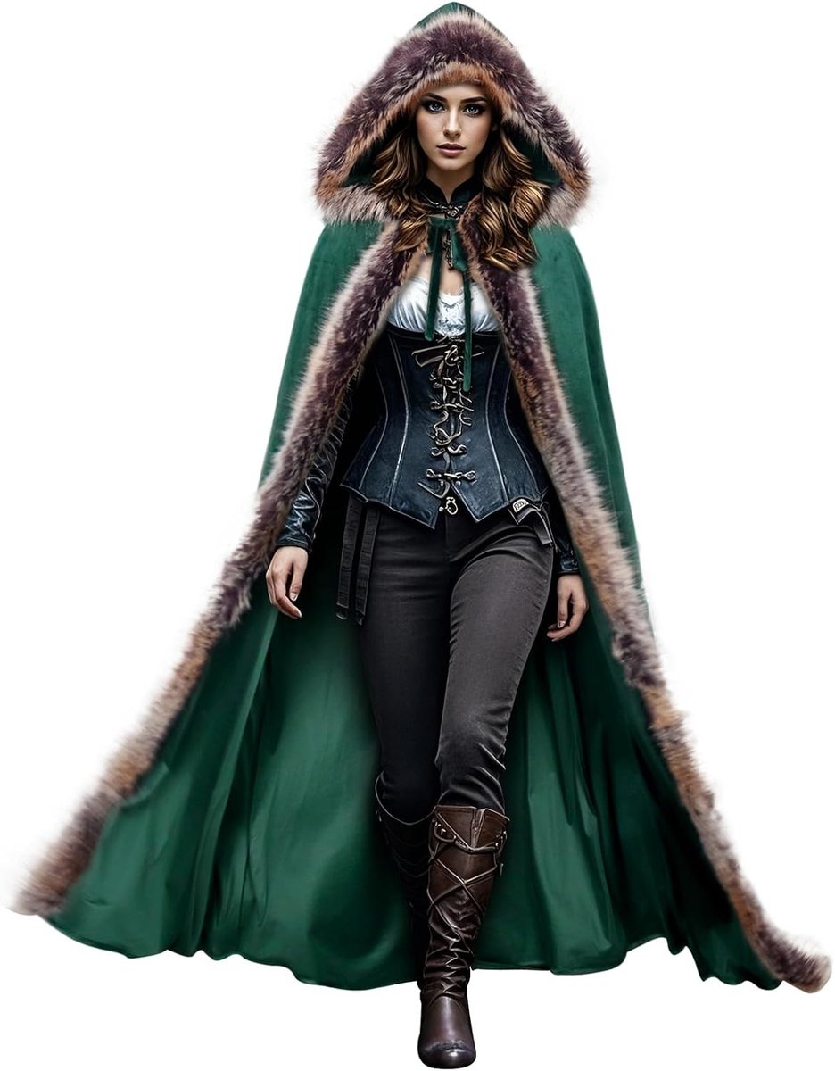 Medieval groene cape van fluweel met capuchon en faux fur voor een Vikinglook