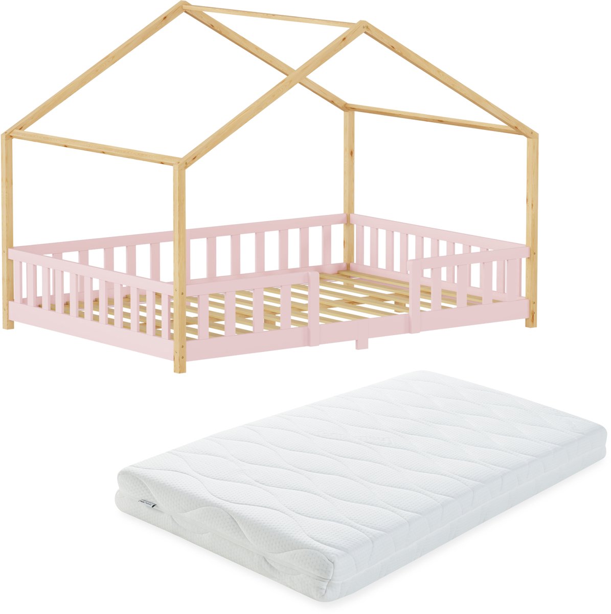 Kinderbed Treviolo met uitvalbeveiliging en matras 140x200 cm roze en naturel [en.casa]