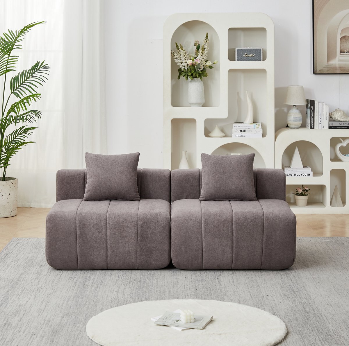 FloraGrace Modulaire Bank 2 Zitplaatsen Grijs Chenille Met 2 Kussens Zonder Montage Voor Woonkamer Slaapkamer Kantoor
