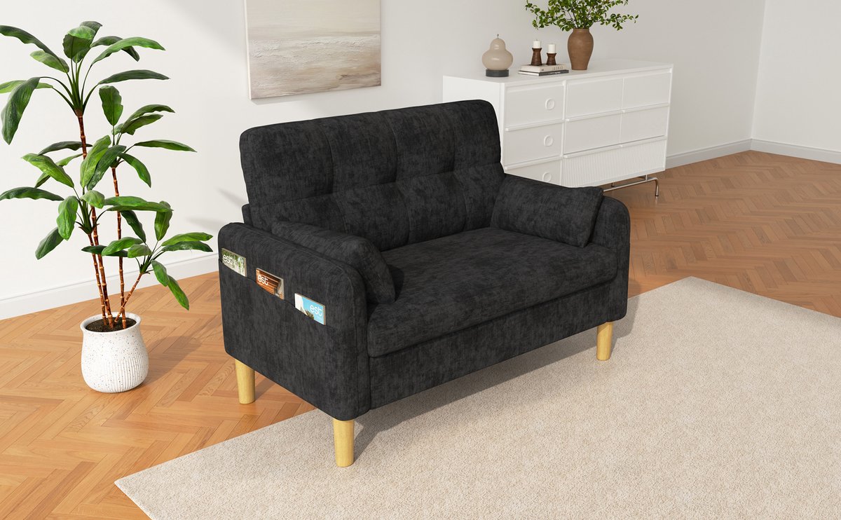 FloraGrace Zitbank 2-Zits 119 x 78 x 85 cm - Zachte Chenille Met 2 Kussens En Zijvak - Voor Woonkamer En Slaapkamer - Grijs