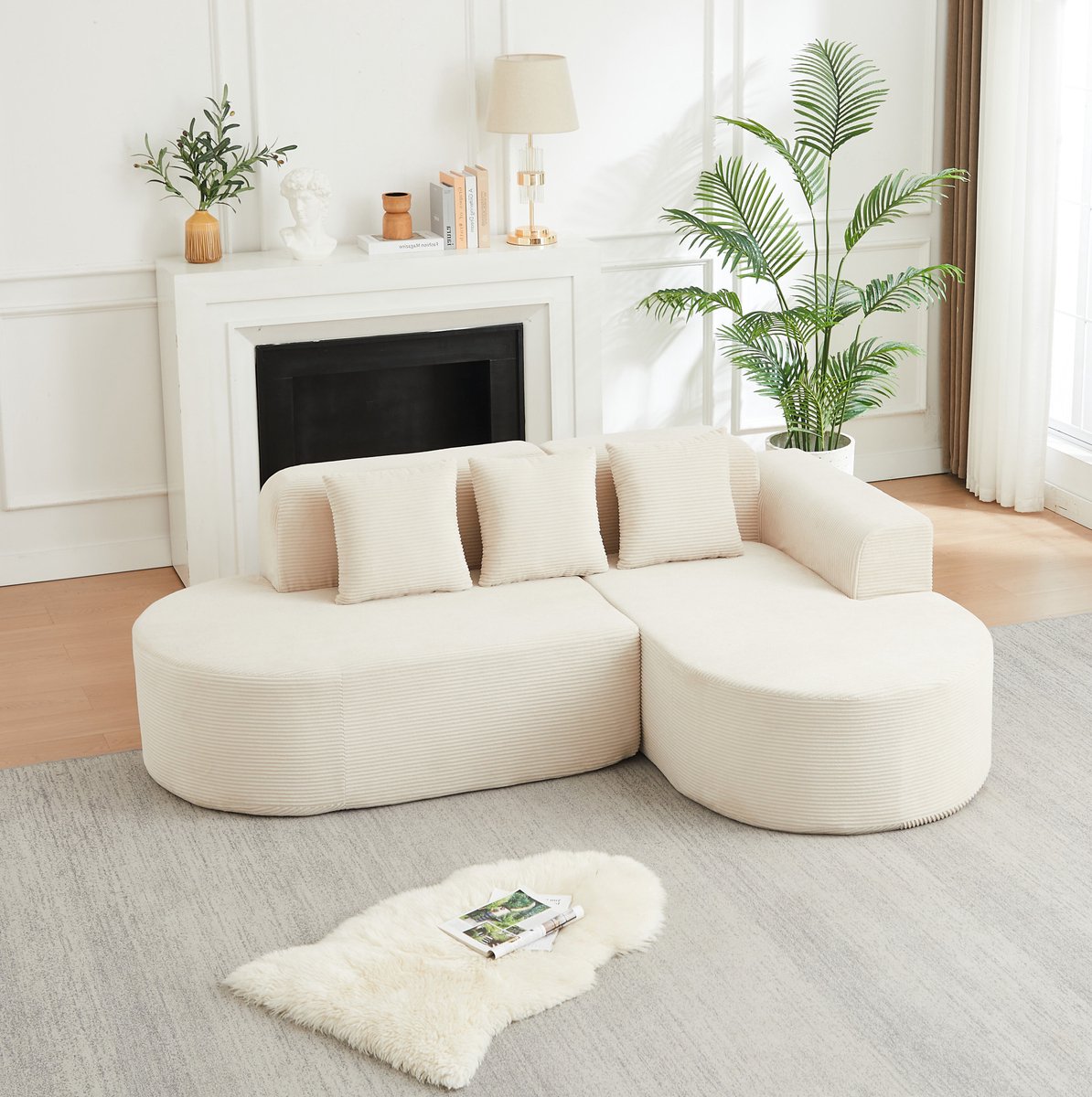 FloraGrace Hoekbank 220 x 155 cm - L-Vormig Modulair Design Met Gebogen Chaise Longue En 3 Kussens - Voor Woonkamer Of Lounge - Cord - Beige