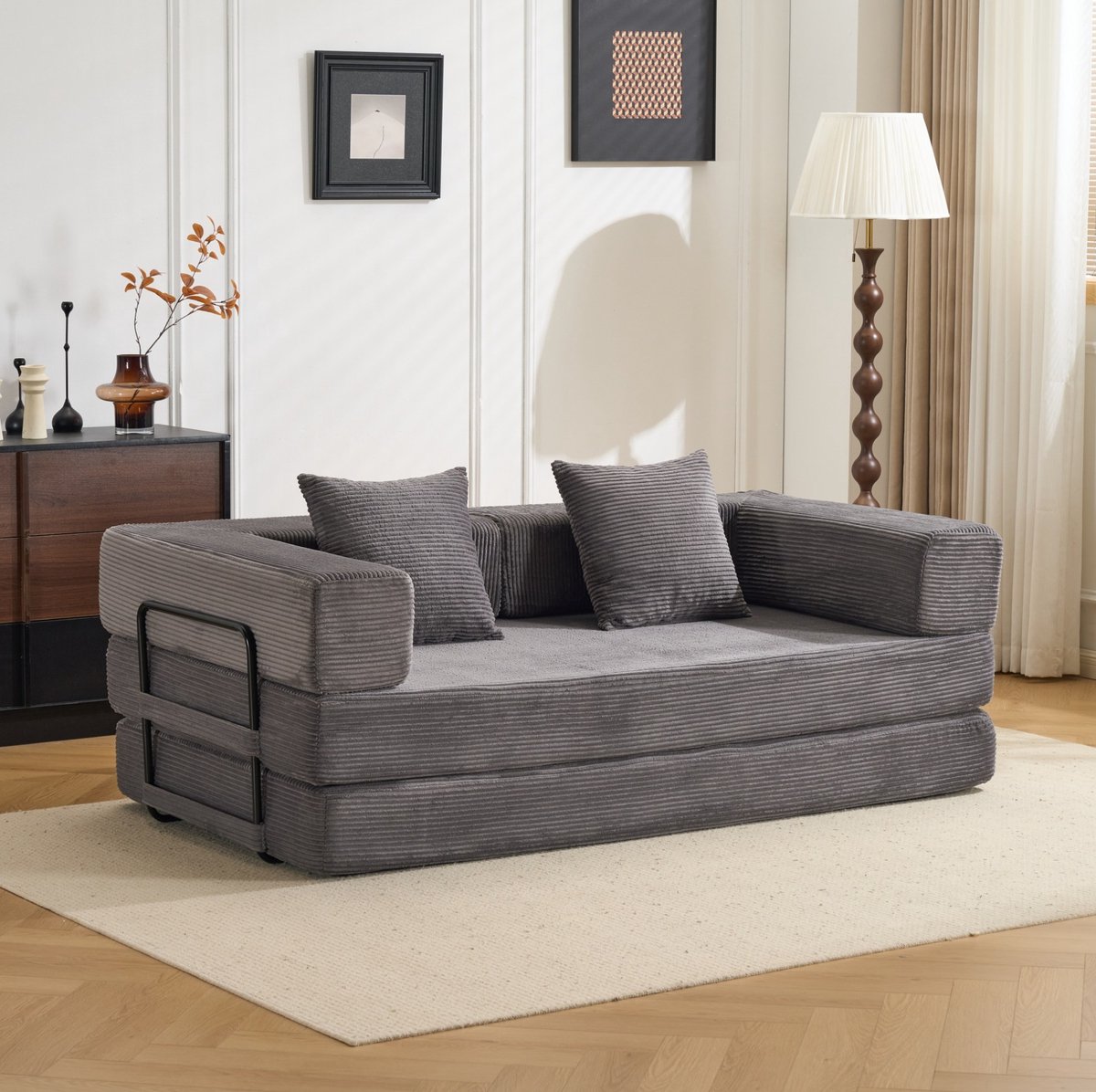 MIVRAY Slaapbank 185 x 92,5 x 60 cm - Uitklapbare Vloerbank - 2-Zits - Bankbed Voor Woonkamer En Slaapkamer - Corduroy Donkergrijs