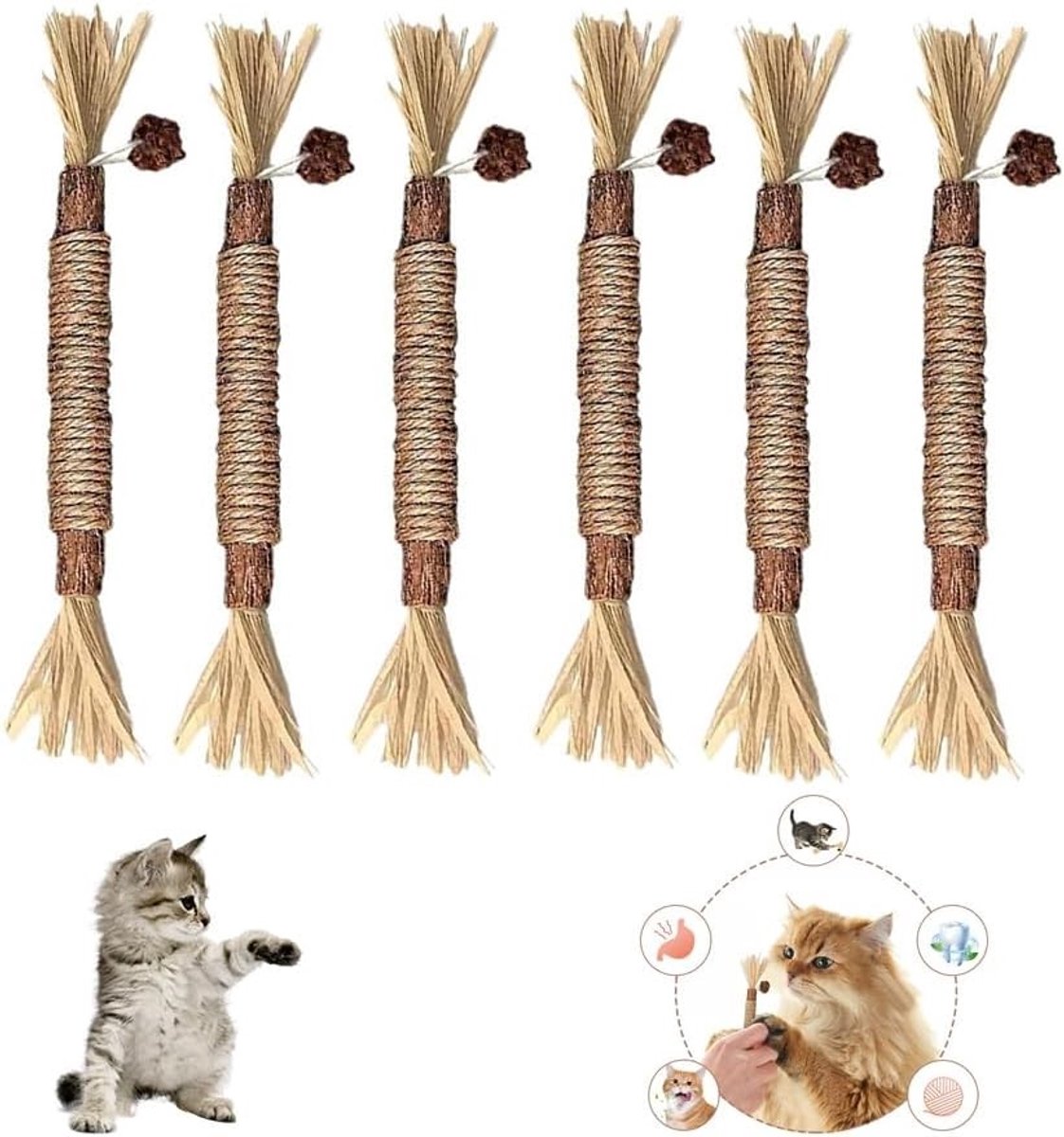 Natuurlijke Kattenkruid Sticks voor Tandverzorging, 6 Stuks voor Gezonde Tanden, Vermindert Tandplak en Slechte Adem