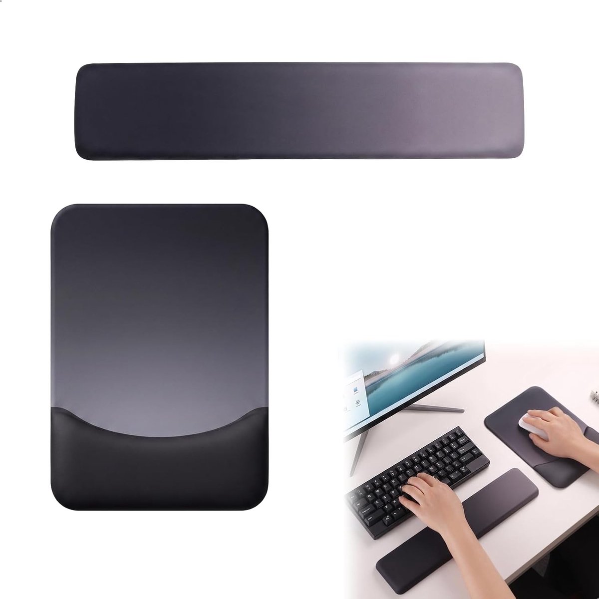 Ergonomische muismat met polssteun en toetsenbordsteun van geheugenschuim voor kantoor en gaming, zwart