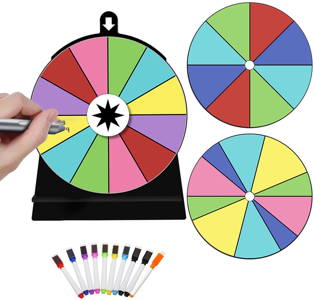 WDEC 3PCS Spinning Prize Wheel, 8, 10, 12 Slots Kleur Spin Fortune Wheel, Spinner Top Roulette Wheel met Marker Pen - ShopVlot