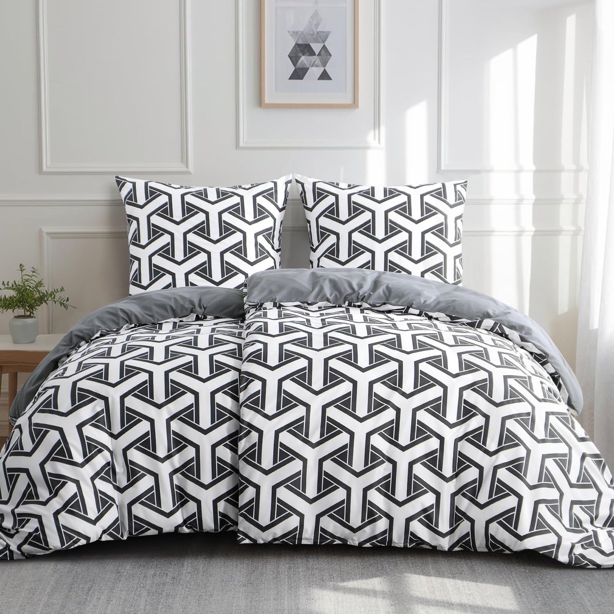 Aisbo Beddengoed, 135 x 200 cm, 4-delig, beddengoedset met geometrisch grijs patroon met 2 kussenslopen van 80 x 80 - ShopVlot