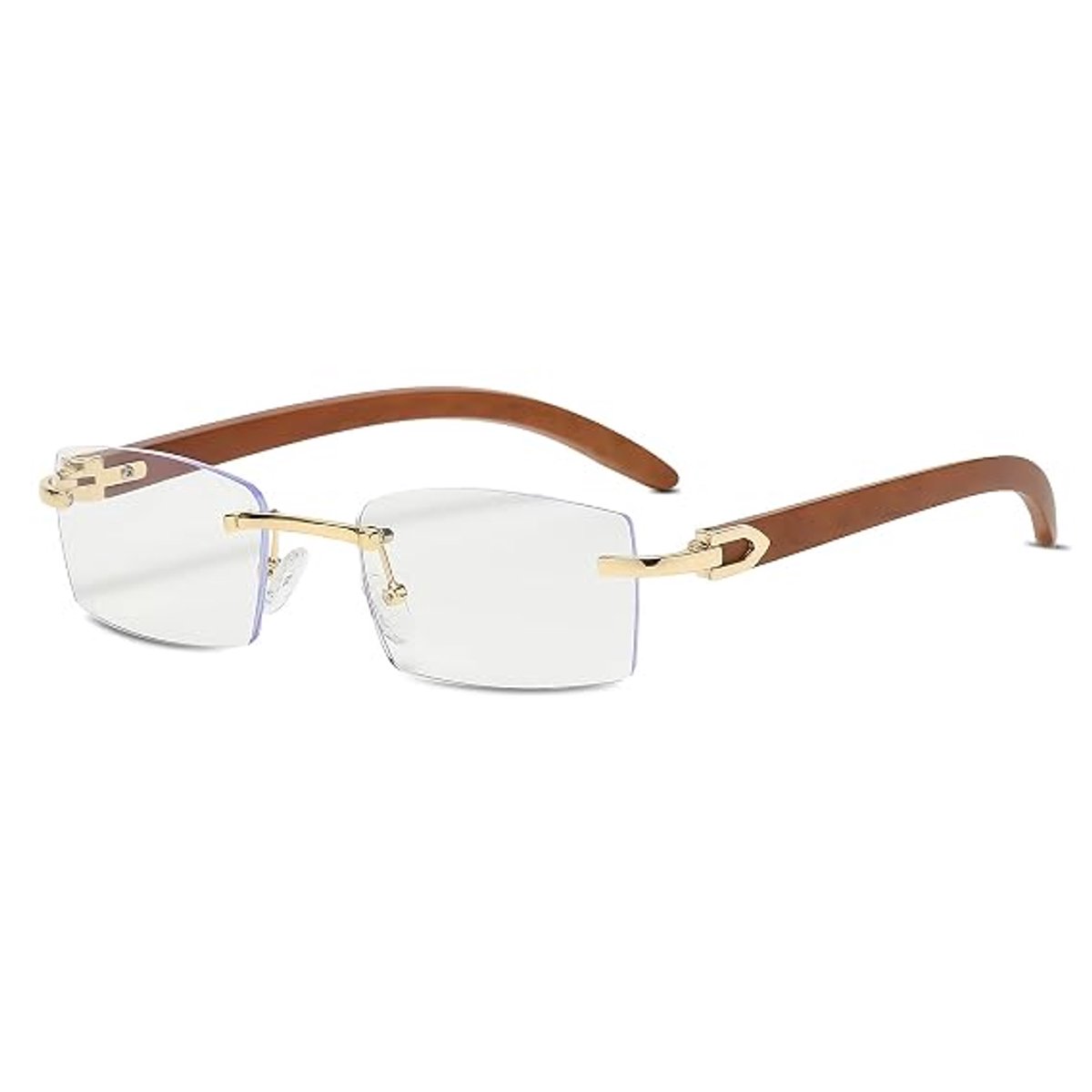 Vierkante, frameloze zonnebril, unisex, heldere glazen met houtnerfpatroon, UV400-bescherming, antireflecterend, retro design, perfect Geschikt voor autorijden en reizen.