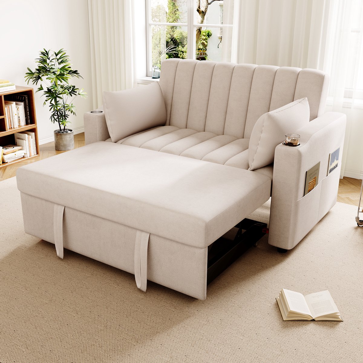 Moderne Multifunctionele Bank, Slaapbank, Tweezits Bank, 2-Zits Bank, Slaapbank Met Slaapfunctie, Dubbele Bank Met Verstelbare Rugleuning, Met Bekerhouder En Kussens, Geschikt Voor Woonkamer, Beige