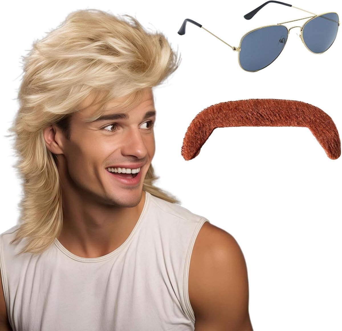 Stijlvolle 80s outfit voor mannen met 3-delig kostuum, vokuhila pruik, zonnebril en baard voor Halloween en carnaval