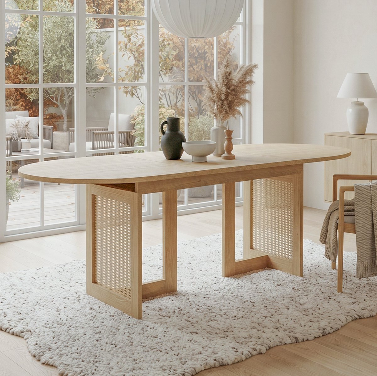 REDOM - Eettafel - Uitschuifbaar - Halfronde afgeronde tafelbladen - Rattan tafelpootdetails - Scandinavische stijl - Eetkamer - MDF - Eiken - 200 x 90 x 75 cm