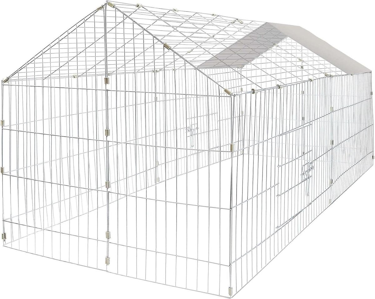 Renhok Dieren - Buitenverblijf Huis - Vrij Spelen - Opvouwbaar Dak - 180 cm - Zilverkleurig