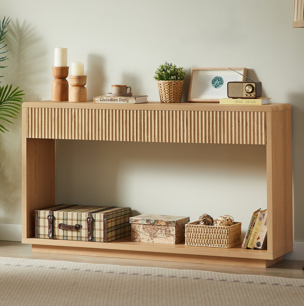 REDOM - Sidetable - 2 lades en open vak - Geriffelde fronten - Modern - Hal en woonkamer - Spaanplaat en MDF - Natuurlijk - 150 x 35 x 85 cm