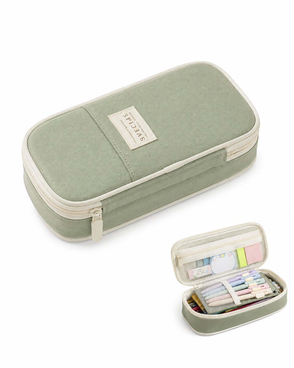 VHV - Grote Etui - Pennenetui Vakken -Twill Stof Pencil case - 22 x 6.5 x 11 cm - Draagbaar Pennenzak -Bureau Organizer- Voor School,Kantoor -Groen
