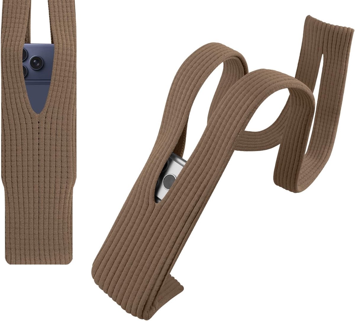 Telefoontasje Gebreid met Koord Bruin – Stretch Smartphone Tas, Lichtgewicht Telefoonhoesje voor Schouder & Crossbody