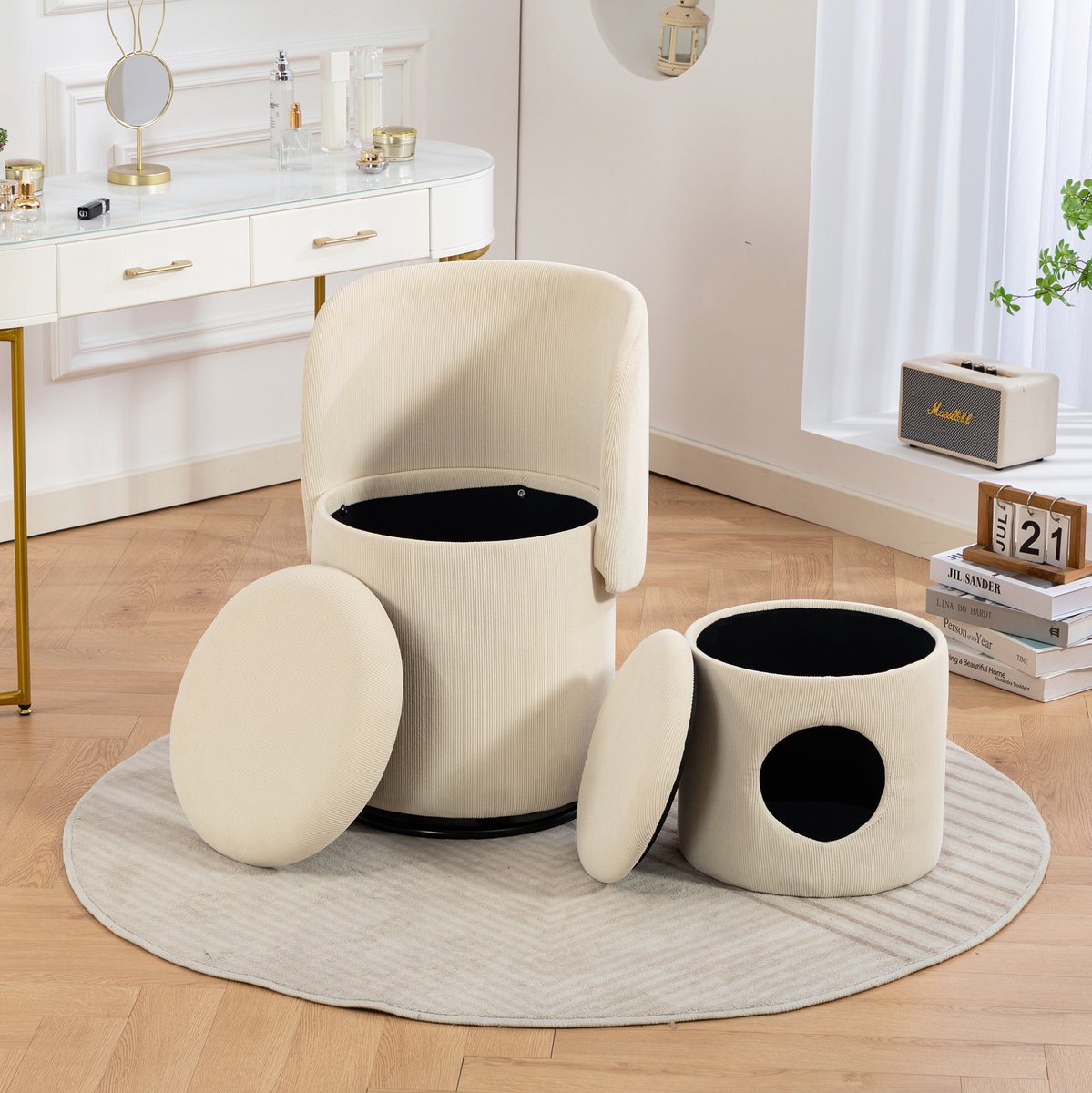 MODFU-Fauteuil-360° Draaibaar-Opbergruimte-Corduroy-Beige