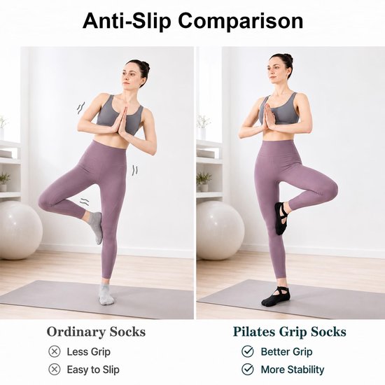 Antislip yogasokken - Set van 2 paar - Trainingssokken voor dames en meisjes - One-size sokken voor op de vloer - Antislipontwerp met bandjes - Voor pilates, dans en fitness - Grijs + Roze — afbeelding 2
