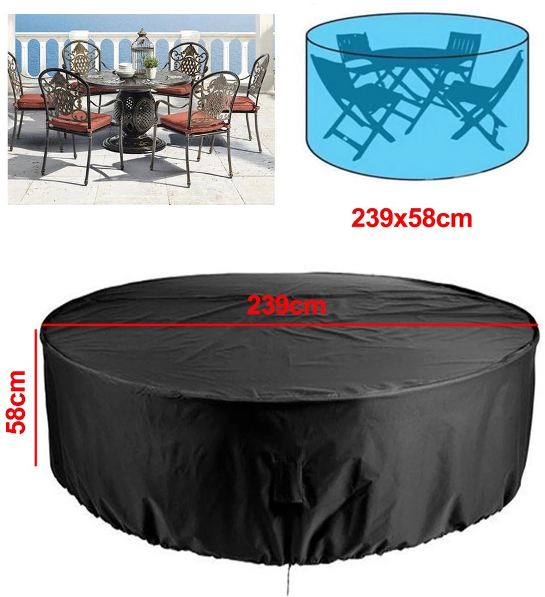 Stunq Waterdichte Tuinsethoes voor Ronde Tuinsets – 239x58 cm Zwart