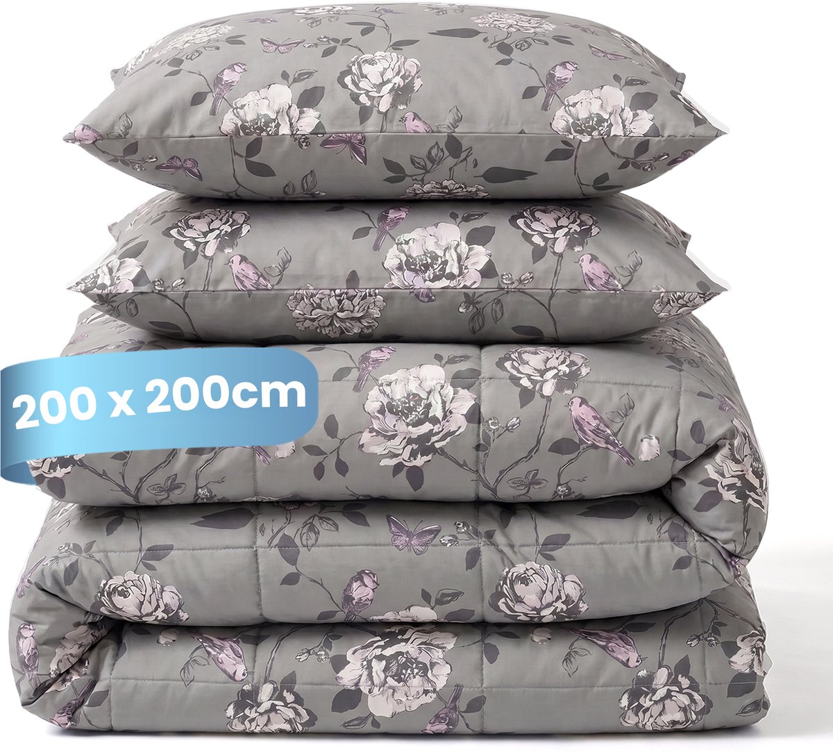 Slaapspeciaal Essential Print Grey Garden - Dekbed zonder Overtrek - Wasbaar Dekbed - Hoesloos Dekbed - All Year Dekbed - 2 in 1 Dekbed - Incl. 2 Kussenslopen - 200x200 cm