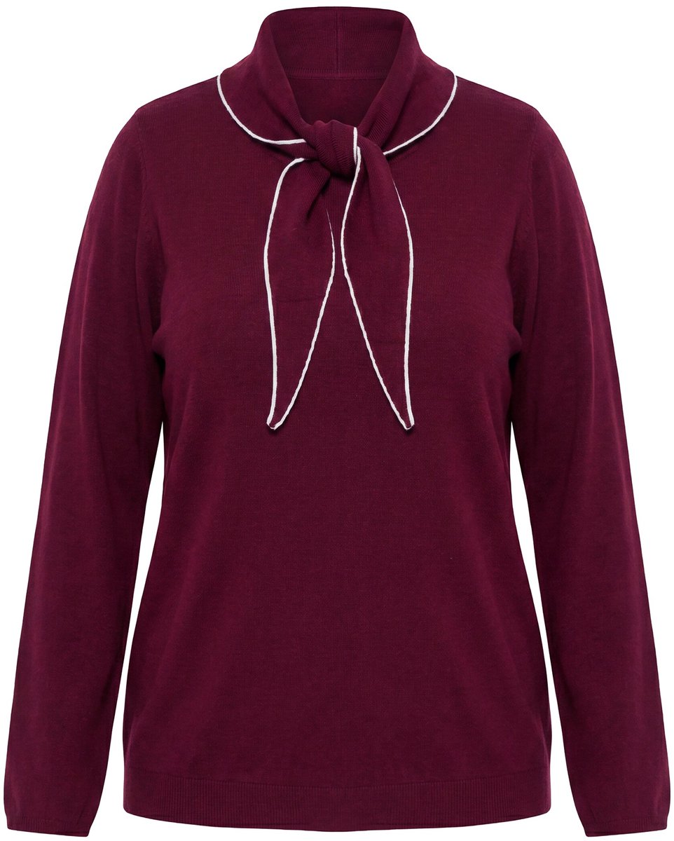 Ulla Popken - Dames - Trui sjaaldetail V-hals lange mouwen - Wijnrood - Maat 58+
