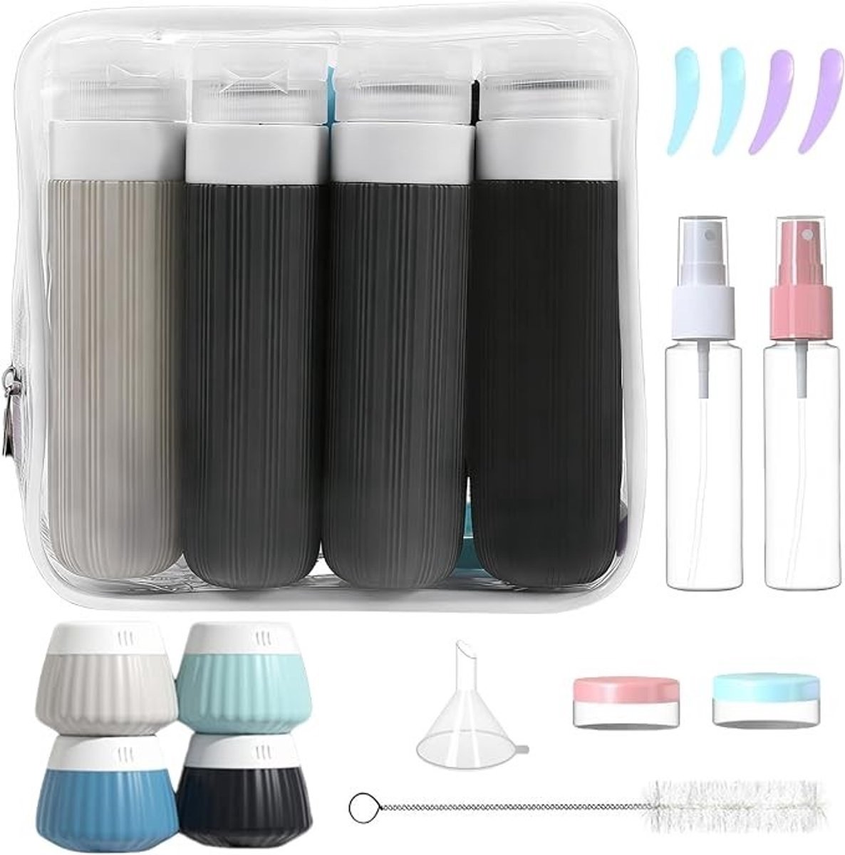 PolkaHome Set van 18 Siliconen Reisflessen, Herbruikbaar, Lekvrij, met Etiketten, voor Shampoo, Lotion en Douchegel (Zwart)