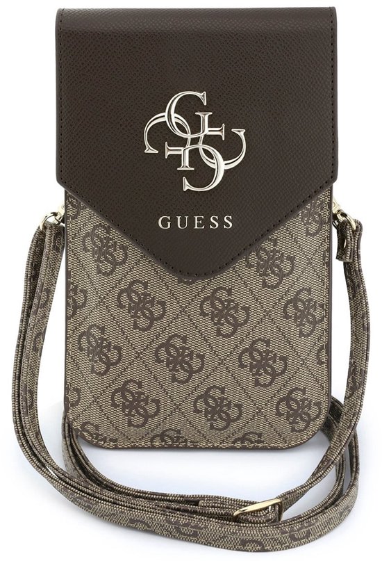 Bruine Guess telefoonhoes met all-over 4G & Classic logo print, GUESS logo en zilverkleurig G-logo. Met afneembare schouderband.