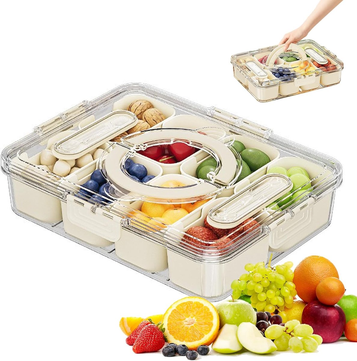 Snackbox met 8 vakken met deksel, gedeeld dienblad voor levensmiddelen, snoep, gedroogd fruit, noten en specerijen, praktische opslag voor lunch, picknick of kantoor