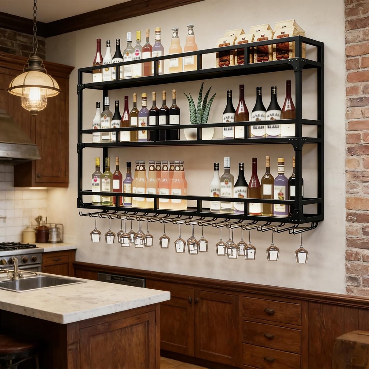 Wijnflesrekken, Wandrekken met Display, 3-Tier Multifunctionele Wijn Display, Wand Gemonteerde Wijnflesrekken voor Thuis, Bar, Restaurant (BLACK, 120 * 25 * 90CM)
