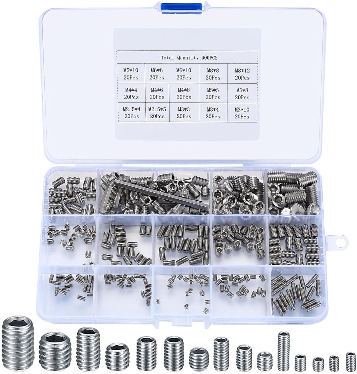 Set van 300 stuks stelschroeven, schroefdraadstiften, inbusschroeven, assortiment kit, M2,5, M3, M4, M5, M6, M8, zeskantkop schroeven met inbussleutels voor deurgreep, deurklink, houder (zilver)
