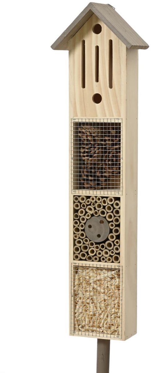 Kaemingk Insectenhotel met Grijs Dak op Stok H: 90 cm - Grenenhout
