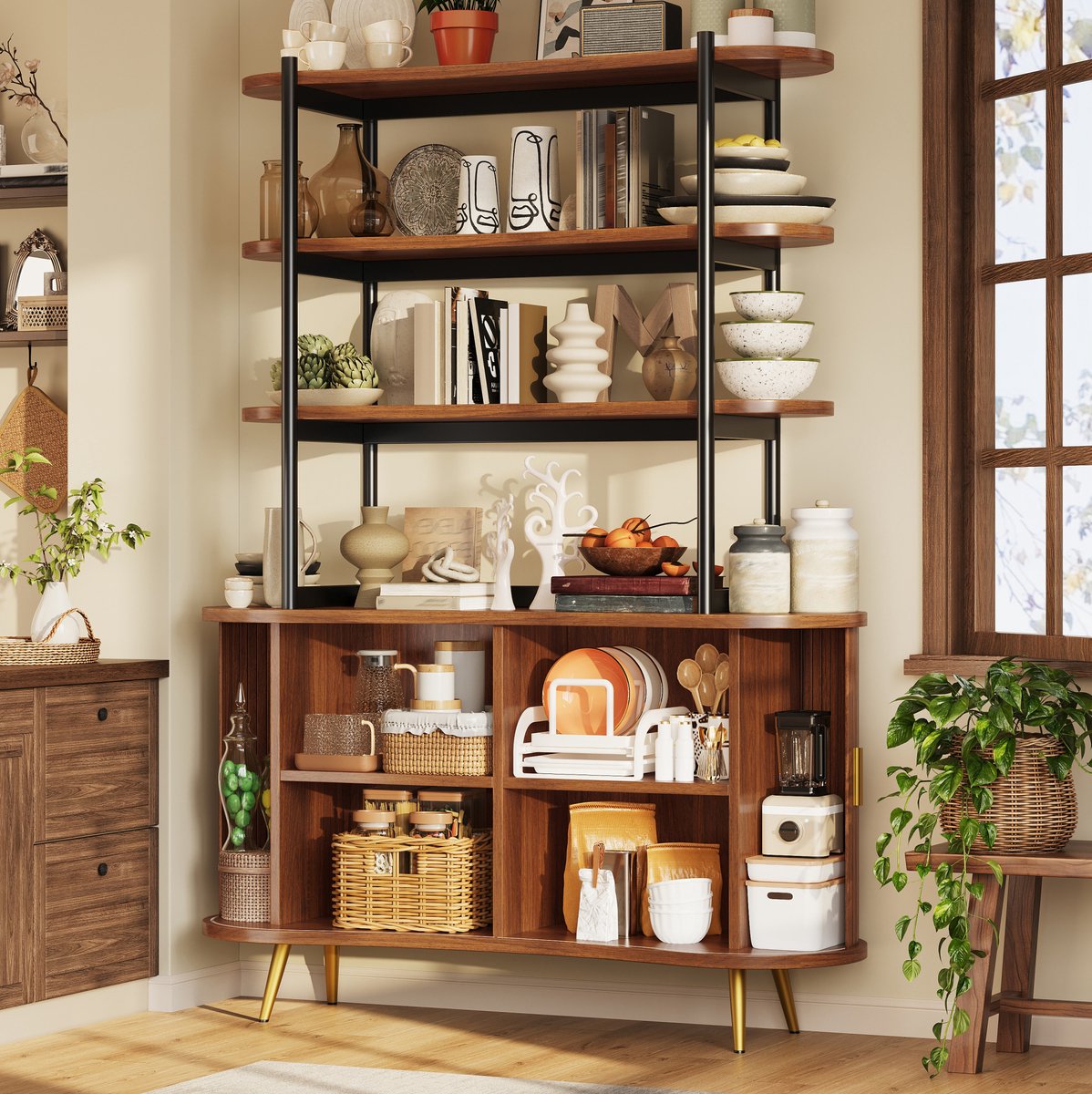 REDOM - Dressoir - Roldeuren - Vier open etages - Verstelbare planken - Antikantelriem - MDF en metaal - Hout - 120 x 40 x 183 cm