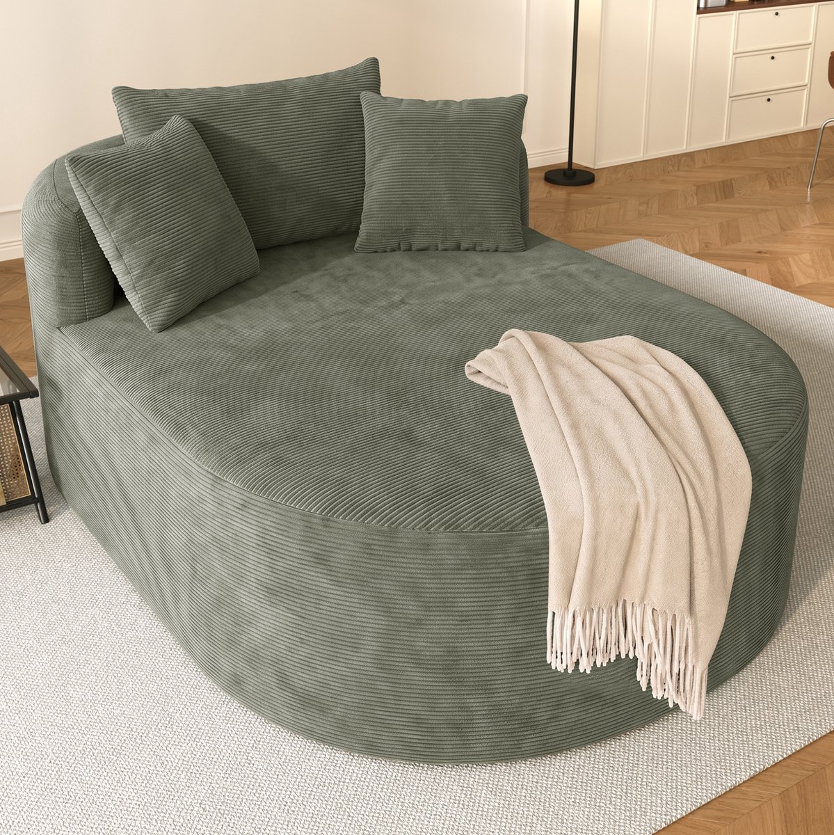 REDOM - Relaxfauteuil - Ovale vorm - Extra diepe zitting - Cordstof bekleding - Minimalistische stijl - Groen - 170 x 112,5 x 83 cm