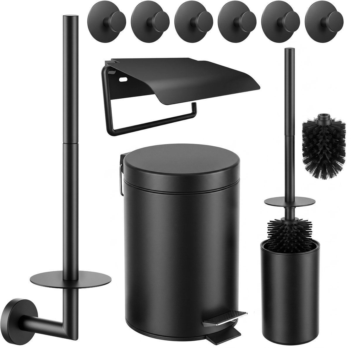 Toiletset Zwart 5-Delig - Reserverolhouder met Klepje & Hangende Reserverolhouder voor 3 Rollen - Toiletborstelhouder, Pedaalemmer en Handdoekhaakjes - Toiletaccessoireset