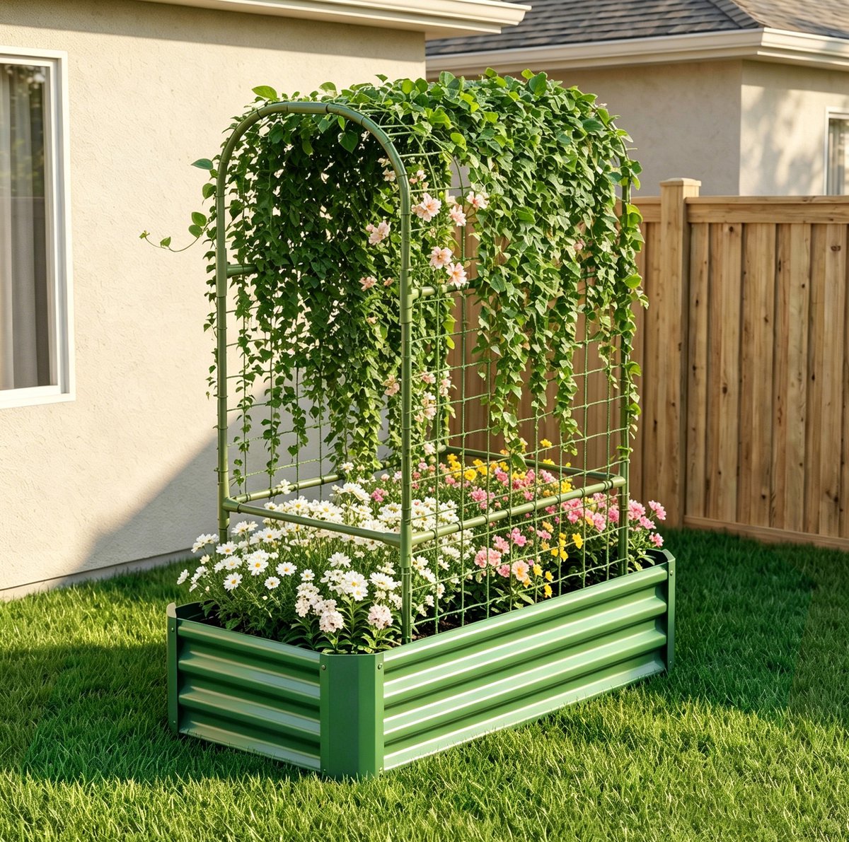 Modenuit Moestuinbak – Met Klimrek – 120 x 60 x 150 cm – Metaal – Groen – Balkon, Terras en Tuin