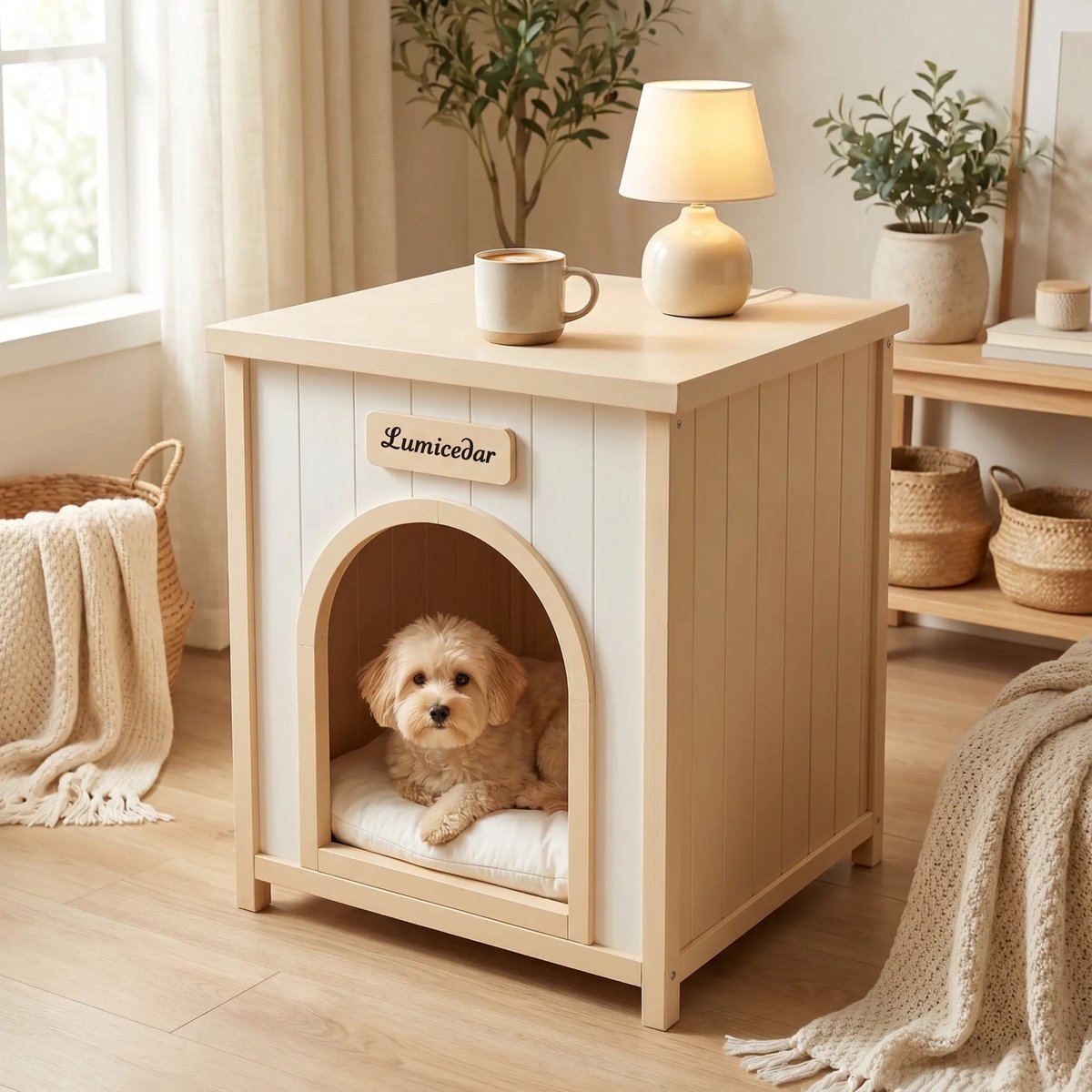 Houten Hondenhok Bijzettafel – 53 x 51,6 x 60 cm – Hout – Crèmewit – Voor Kleine Honden en Katten – Binnen