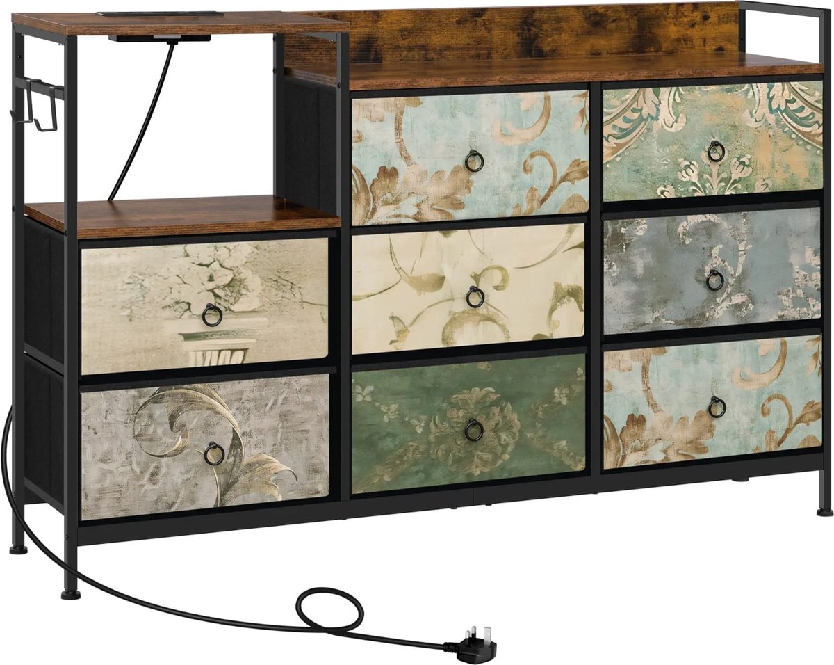 Klarven Ladekast Zwart - Ladekasten Slaapkamer - Ladekast Bureau - Vintage Ladekast - Ladekasten - Chest Of Drawers - 8 Laden Met Usb-Aansluitingen - Stabiel Metalen Frame - B132xd29xh88cm Rustbruin/zwart