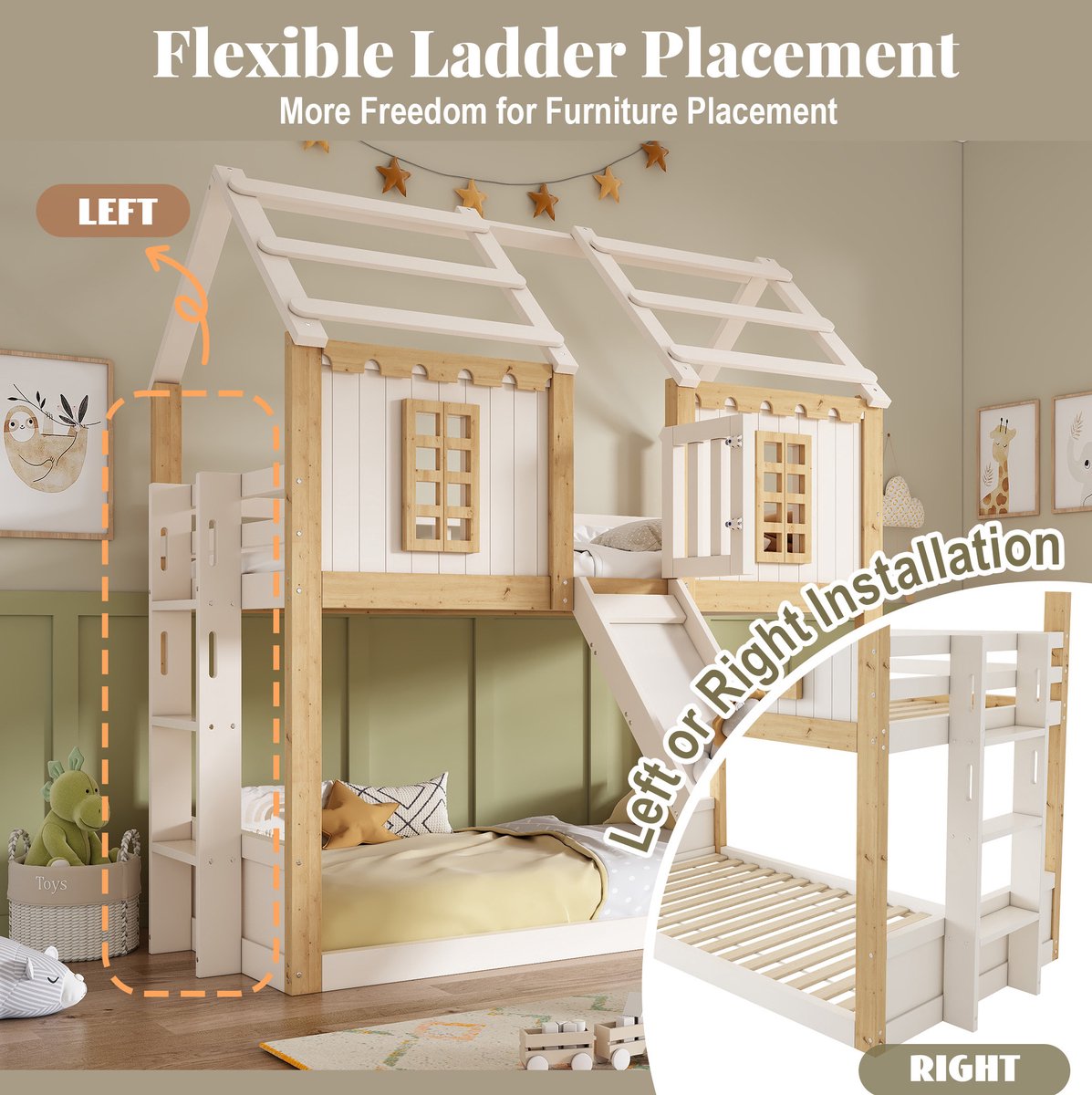 FloraGrace Stapelbed 90x200 cm – Kinderhuisbed Met Glijbaan – Flexibele Ladder En 360 Graden Uitvalbeveiliging – Zonder Matras – Hout – Wit/Natuur