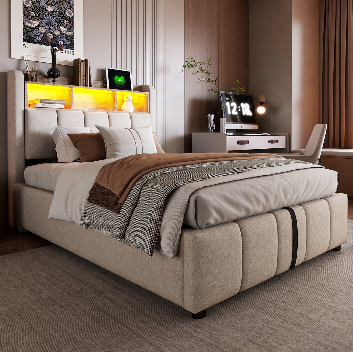 MIVRAY Gestoffeerd Bed 90x200 cm - Met Matras, LED en USB - Hydraulische Opbergruimte - Leenstof - Beige