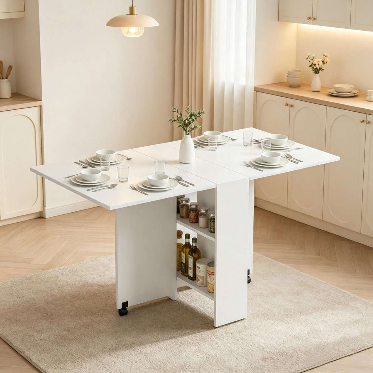 OKWISH Klapbare Eettafel - Uitschuifbaar Op Wielen - Voor Keuken En Eetkamer - Wit Spaanplaat - 140 x 75 x 74 cm
