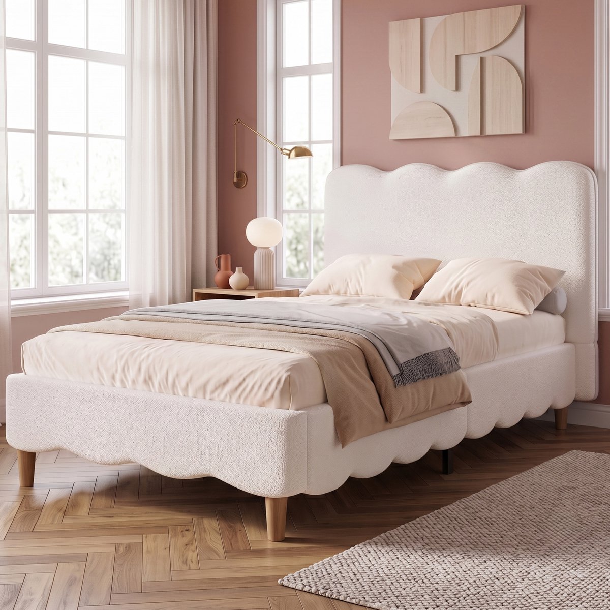 REDOM - Kinderbed - Eenpersoonsbed 90 x 200 cm - Inclusief lattenbodem en hoofdbord - Opbergruimte - Kinderkamer - Bouclé-stof - Wit - 215 x 108 x 96 cm