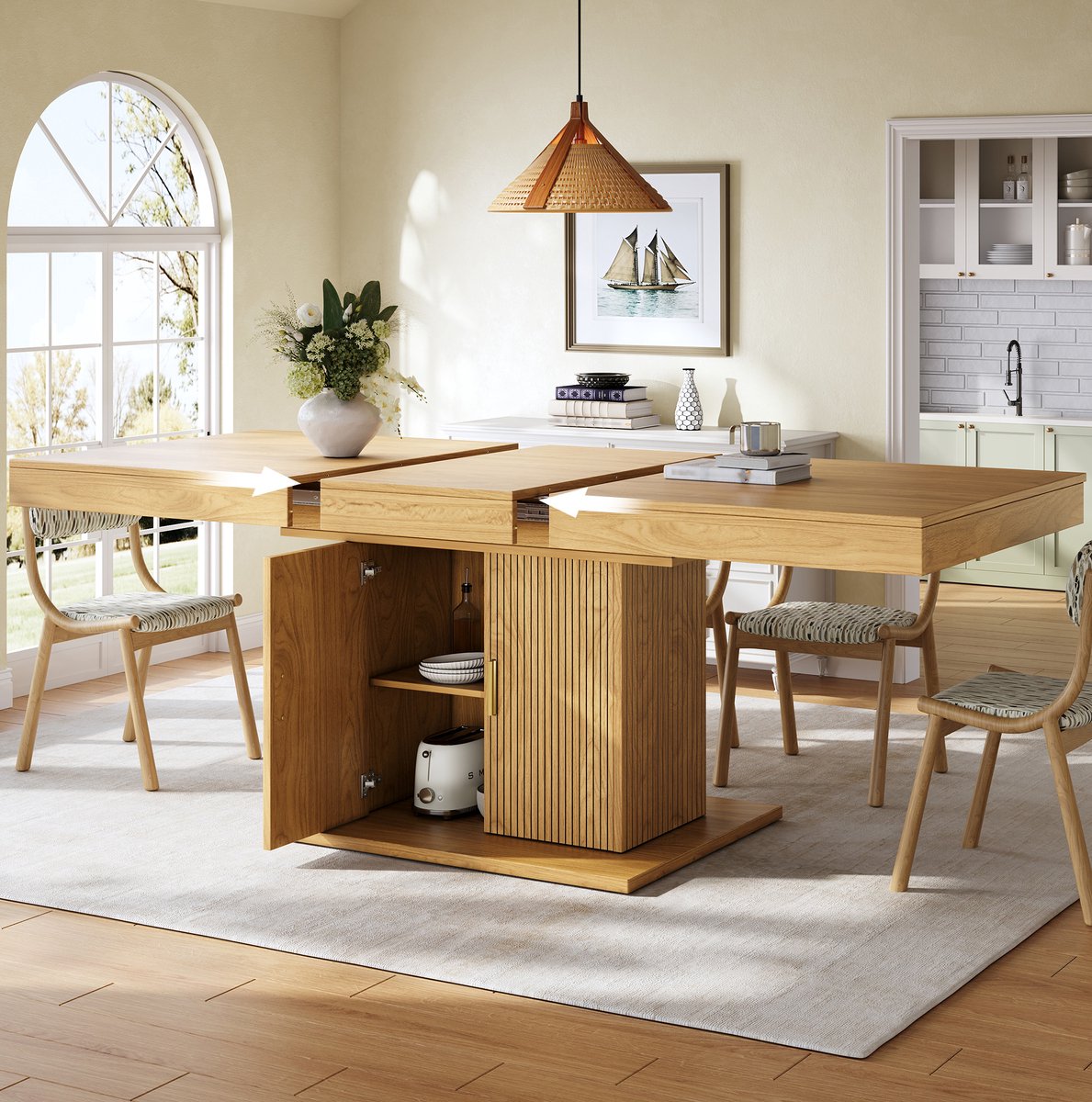REDOM - Uitschuifbare eettafel - Geïntegreerde opbergkast - Verwijderbare legplank - MDF en metaal - Hout - 140 tot 180 x 90 x 75,2 cm
