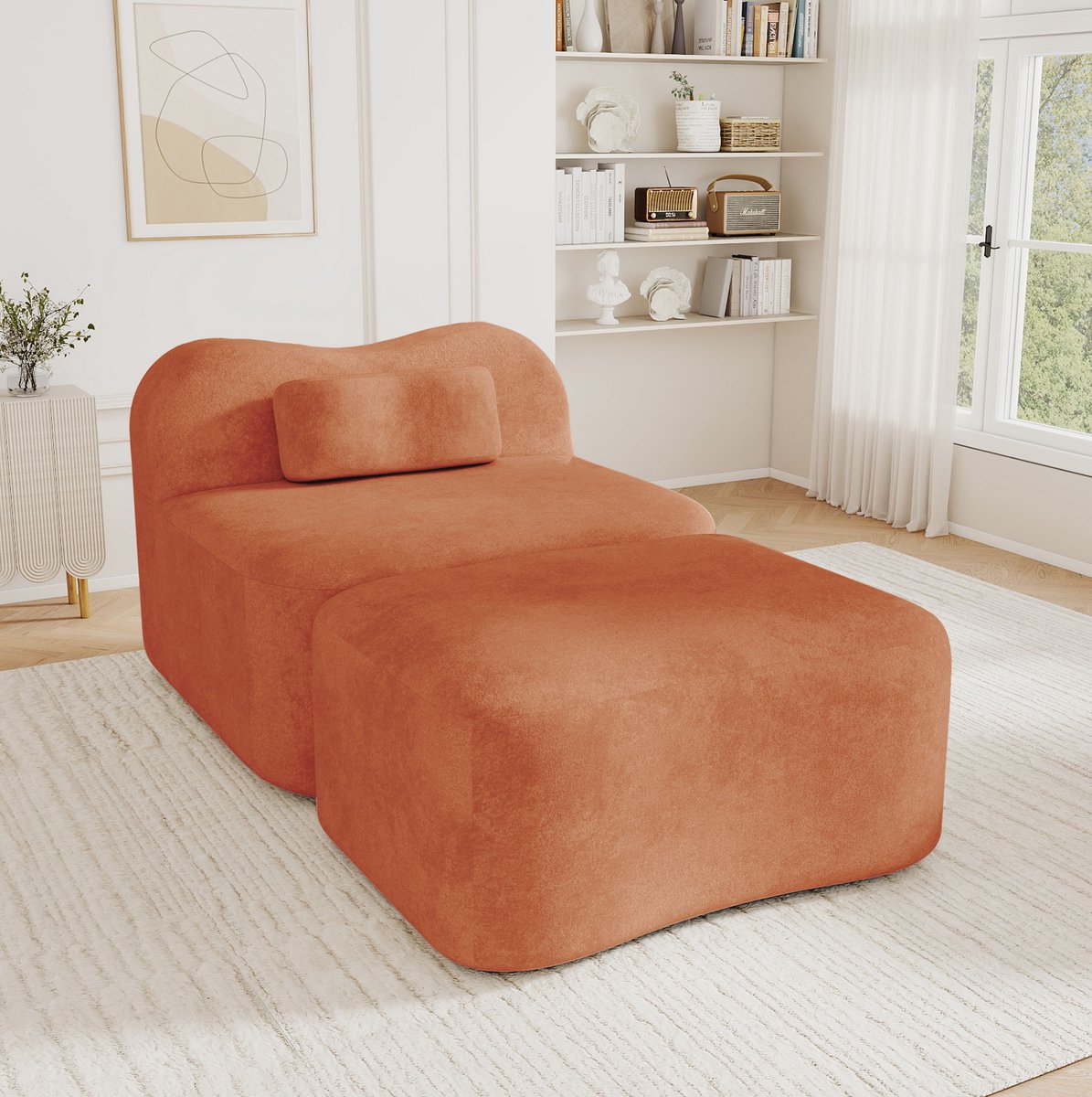 REDOM - Modulaire zitbank met voetenbank - Zonder frame - 32D schuimvulling - Verplaatsbaar rugkussen - Fluwelen bekleding - Oranje - 167 x 96 x 70 cm