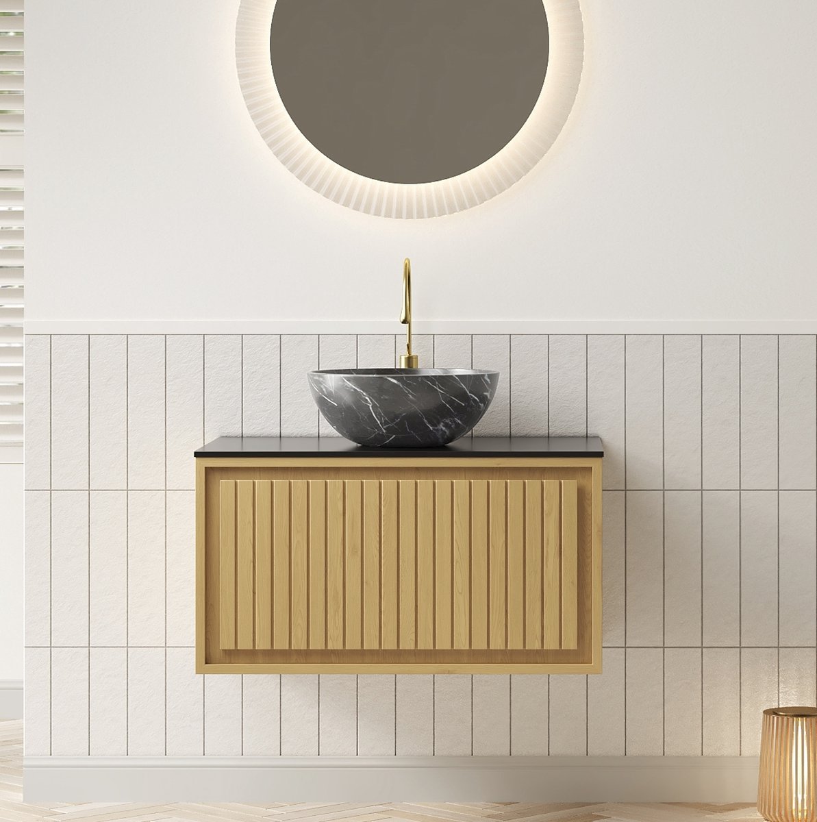 DESMIU Badkamerkast - Zwevend Wastafelmeubel Met Lade - Keramische Waskom En Sinterstenen Blad - Multiplex - 76x48x55,1 Cm - Zwart En Gouden Eik