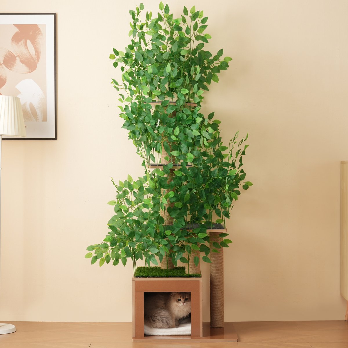 MODFU - Kattenkrabpaal - Boomvorm - 4 Platformen - Kattenhol - Groen - MDF - 190 Cm
