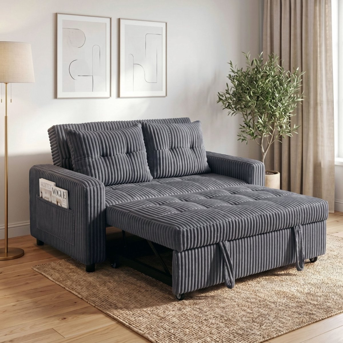 REDOM - Slaapbank voor 2 personen - 3-in-1 ontwerp - Verstelbare rugleuning - Uitklapbaar logeerbed - Corduroy bekleding - Polyester - Donkergrijs - 157 x 90 x 91 cm